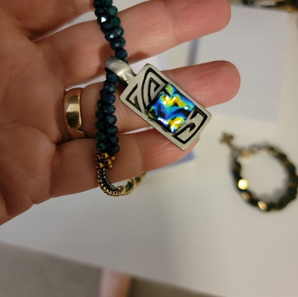 18" Beaded Gold and Green necklace with 1" silver Pendant with rainbow stone - Picture 9 of 11